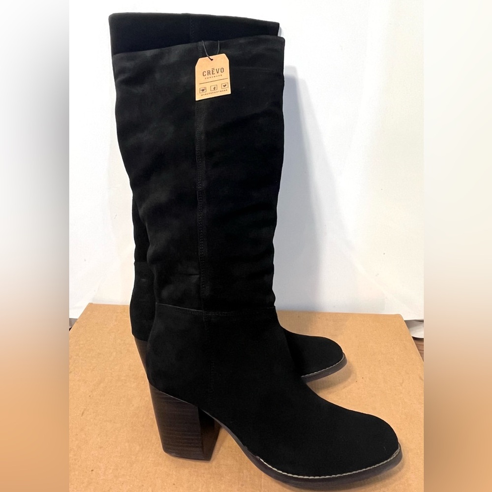 CREVO ATTY Black Suede Knee High Pull On Heeled Boots 9.5 - Picture 3 of 16